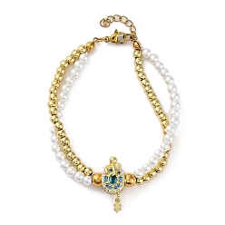 Oval Латунь многожильных браслеты, браслеты со стразами для женщин, ионное покрытие (ip), реальный 18 k позолоченный, с пластиковой жемчужиной и 304 карабином из нержавеющей стали, овальные, 7-1/4 дюйм(18.3см)+30удлинитель мм