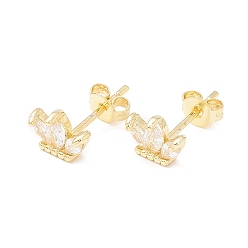 White Brass Micro Pave Cubic Zirconia Stud Earring, Real 18K Gold Plated, Flower, White, 6x8.5mm, Pin: 1mm