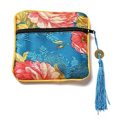 AceroAzul Bolsas cuadradas de borlas de tela de estilo chino, con la cremallera, Para la pulsera, Collar, acero azul, 11.5x11.5 cm