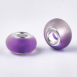 Blue Violet Resin European Beads, Large Hole Beads, with Silver Color Plated Brass Cores, Rubberized Style, Rondelle, Blue Violet, 14x8mm, Hole: 5mm