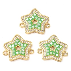 Lime Rack Plating Brass Micro Pave Clear Cubic Zirconia Star Connector Charms, with Shell & Enamel, Real 18K Gold Plated, Long-Lasting Plated, Lead Free & Cadmium Free, Lime, 18x20x2mm, Hole: 2mm