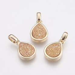 Bisque Natural Druzy Agate Pendants, with Brass Finding, teardrop, Golden, Bisque, 14.5x10x3~4mm, Hole: 2x2.5mm