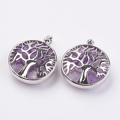 Amethyst Natural Amethyst Pendants, with Platinum Tone Brass Findings, Flat Round with Tree of Life, 31.5x28x11.5mm, Hole: 5x7mm