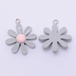 Gray Resin Pendants, with Platinum Plated Iron Loops, Daisy, Gray, 28x23.5x2mm, Hole: 2mm