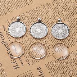 Antique Silver DIY Pendant Making, Tibetan Style Alloy Pendant Cabochon Settings and Transparent Glass Cabochons, Flat Round, Antique Silver, Tray: 30mm, 41.5x33x2mm, Hole: 6x4mm, 29.5~30x7mm, 2pcs/set