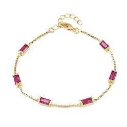 Medium Violet Red Brass Pave Rectangle Cubic Zirconia Link Chain Bracelets, with Box Chains, Rack Plating, Long-Lasting Plated, Real 18K Gold Plated, Lead Free & Cadmium Free, Medium Violet Red, 6.69 inch(17cm)