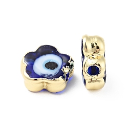 Medium Blue Handmade Evil Eye Lampwork Beads, with Brass Findings, Cadmium Free & Lead Free, Flower, Medium Blue, 12x11.5x5.5mm, Hole: 1.8mm