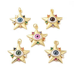 Mixed Color Brass Micro Pave Colorful Cubic Zirconia Pendants, with Resin, Real 18K Gold Plated, Star with Evil Eye, Mixed Color, 32x29.5x7mm, Jump Ring: 6x1mm, Inner Diameter: 4mm