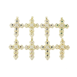 Mixed Color Real 18K Gold Plated Brass Micro Pave Cubic Zirconia Pendants, with Glass, Cross, Mixed Color, 40x28.5x3mm, Hole: 3.2x3.7mm