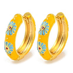 Золотистый Латунные серьги обруча, с цветочной эмалью, без кадмия и без свинца, долговечный, реальный 18 k позолоченный, золотые, 19x4.5 мм