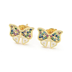 White Bowknot Golden Brass Stud Earrings, with Enamel and Cubic Zirconia, White, 10x12.5mm