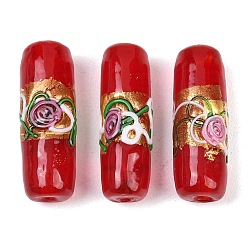 Красный Handmade стеклянные бусины фольги, колонна с цветком розы, красные, 29~30x10~10.5 мм, отверстие : 1.4 мм