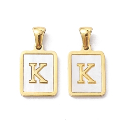 Letter K Ion Plating(IP) 304 Stainless Steel Pave Shell Pendants, Rectangle Charm, Real 18K Gold Plated, Letter K, 17.5x12x1.5mm, Hole: 3x5mm