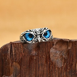 Deep Sky Blue Resin Owl Adjustable Ring, Antique Silver Alloy Ring, Deep Sky Blue, US Size 8(18.1mm)
