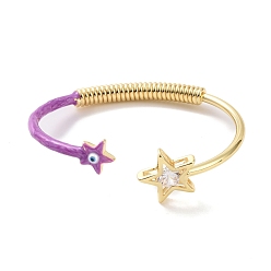 Medium Orchid Enamel Star with Evil Eye Open Cuff Bangle with Clear Cubic Zirconia, Real 18K Gold Plated Brass Jewelry for Women, Medium Orchid, Inner Diameter: 2-5/8 inch(6.6cm)