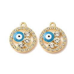 Turquesa Colgantes de la aleación del esmalte, redondo con amuletos de mal de ojo, con diamante de imitación, dorado, chapado en rack, sin cadmio y níque y plomo, turquesa, 20x17x3 mm, agujero: 1.7 mm