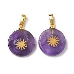 Аметист Подвески из натурального аметиста , плоские круглые подвески золотистого оттенка 304 солнечные ломтики из нержавеющей стали и латунные застежки-кнопки, 19~20.5x16~16.3x3.5~4.2 мм, отверстие : 6x3 мм