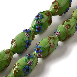 Lime Green Handmade Lampwork Beads, Rice wit Flower, Lime Green, 23x12~13mm, Hole: 1.6mm