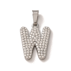 Letter W 304 Stainless Steel Micro Pave Clear Cubic Zirconia Pendants, Letter Charms, Stainless Steel Color, Letter W, 18x13.5x2.5mm, Hole: 6x2.5mm