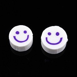 Blue Violet Handmade Polymer Clay Beads, Flat Round with Smiling Face, Blue Violet, 9~10x4mm, Hole: 1.2~1.6mm