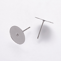Stainless Steel Color 304 Stainless Steel Stud Earring Settings, Flat Pad Earring Post, Flat Round, Stainless Steel Color, Tray: 12mm, 12x12mm, Pin: 0.7mm