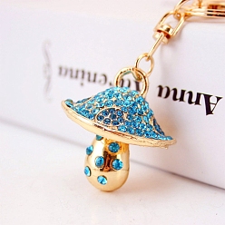Blue Zircon Rhinestone Mushroom Keychain, Golden Alloy Jewelry, Blue Zircon, 10cm