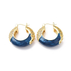 Marine Blue Enamel Hoop Earrings with Clear Cubic Zirconia, Real 18K Gold Plated Brass Jewelry for Women, Lead Free & Cadmium Free, Marine Blue, 27.5x26.5x8.5mm, Pin: 0.9~1.3x0.7mm