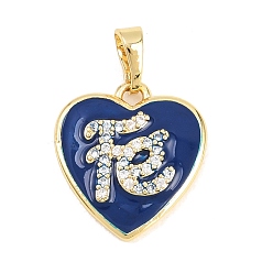 Темно-Синий Подвески из латуни с микро-паве ко Дню святого Валентина, прозрачные циркониевые подвески, с эмалью, сердце со словом fe подвески, долговечный, стойки покрытие, без свинца и без кадмия, реальный 18 k позолоченный, темно-синий, 11x6.5x3 мм, отверстие : 3.2 мм