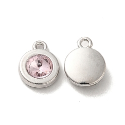 Misty Rose Alloy Pendant, with Glass, Platinum, Lead Free & Cadmium Free, Falt Round Charm, Misty Rose, 12.5x10x4mm, Hole: 1.5mm