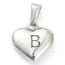 Letter B 304 Stainless Steel Pendants, Heart with Black Letter, Stainless Steel Color, Letter.B, 16x16x4.5mm, Hole: 7x3mm