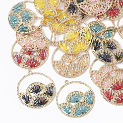 Mixed Color Polyester Thread Woven Pendants, with Glass Seed Beads and Light Gold Plated Alloy Findings, Flat Round with Fan, Mixed Color, 37.5x34.5x2mm, Hole: 1.8mm