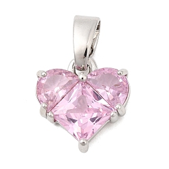 Pink Латунные микро проложить кубического циркония прелести, сердце, платина, розовые, 13x12.5x4 мм, отверстие : 6x3 мм