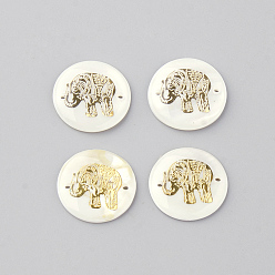 Golden Freshwater Shell Links connectors, Flat Round with Elephant, Golden, 20x3mm, Hole: 1mm
