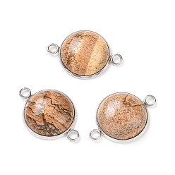 Picture Jasper Natural Picture Jasper Connector Charms, Half Round Links, with Stainless Steel Color Tone 304 Stainless Steel Findings, 18x25.5x7mm, Hole: 2mm