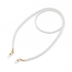 White Eyeglasses Chains, Neck Strap for Eyeglasses, with Glass Pearl Round Beads, 304  Stainless Steel Lobster Claw Clasps and Rubber Loop Ends, White, 27.76 inch(70.5cm)