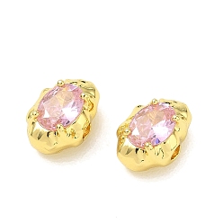 Pearl Pink Brass Pave Cubic Zirconia Beads, Irregular Oval, Rack Plating, Long-Lasting Plated, Lead Free & Cadmium Free, Real 18K Gold Plated, Pearl Pink, 13x9x7.5mm, Hole: 2.5mm