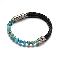 Deep Sky Blue Leather Cord Bracelets, with Synthetic Regalite/Imperial Jasper/Sea Sediment Jasper Beads & 304 Stainless Steel Magnetic Clasps, Deep Sky Blue, 51x63mm