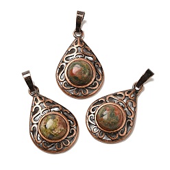 Унакит Природные подвески Unakite, латунные подвески-капли, Красная медь, без свинца и без кадмия, 30x19.5x7.5 мм, отверстие : 5x8 мм