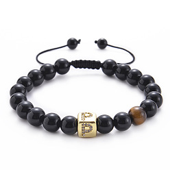 P Square Gemstone Letter Bracelet with Natural Agate and Tiger Eye Beads - A to Z Alphabet Design