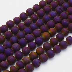 Purple Plated Electroplate Natural Druzy Agate Beads Strands, Dyed, Round, Frosted, Purple Plated, 10mm, Hole: 1mm, about 38pcs/strand, 15.7 inch(40cm)