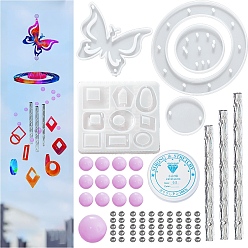 White DIY Butterfly Wind Chime Making Kits, including Molds, Plastic Beads, Brass Crimp Beads, Elastic Crystal Thread, Iron Tubes, White, Mold: 75x63x6mm