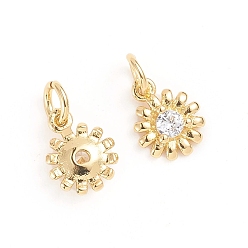 Golden Brass Micro Pave Cubic Zirconia Pendants, with Jump Ring, Flower, Clear, Golden, 10x8x3mm, Hole: 3mm