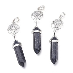 Blue Goldstone Synthetic Blue Goldstone Pointed Big Pendants, with Platinum Plated Brass Findings, Faceted, Bullet & Tree of Life, 59~67x14~15mm, Hole: 7x5mm