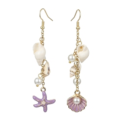 Plum Alloy Enamel Starfish Dangle Earrings, Shell Pearll & Shell Asymmetrical Earrings, Plum, 77x17mm
