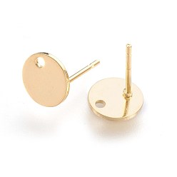 Golden 304 Stainless Steel Stud Earring Findings, with Flat Plate, Flat Round, Golden, 8x0.8mm, Hole: 1.2mm, Pin: 0.8mm