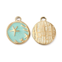 Pale Turquoise Vacuum Plating 201 Stainless Steel Enamel Pendants, Real 18K Gold Plated, Flat Round with Starfish Charm, Pale Turquoise, 19x15x2mm, Hole: 2.6mm