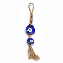 Teardrop Evil Eye Glass Pendant Decorations, Tassel Hemp Rope Hanging Ornament, Royal Blue, Teardrop Pattern, 275mm,