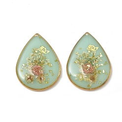 Pale Green Plating Brass & Transparent Epoxy Resin & Dried Flower Pendants, Teardrop with Flower & Butterfly Pattern Charm, with Glitter Powder, Pale Green, 35x25.5x5mm, Hole: 0.8mm