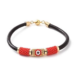 Red Japanese Seed Column with Evil Eye Beaded Bracelet with Cowhide Cords for Women, Red, 7-5/8 inch(19.5cm)