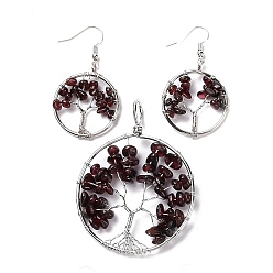 Garnet Brass Jewelry Sets, Big Pendants and Dangle Earrings, with Natural Garnet, Platinum, Ring with Tree of Life, 63~67x49~51x1.5~10mm, Hole: 4x5mm, 50~55x28~30x1.5~8mm, Pin: 0.8mm